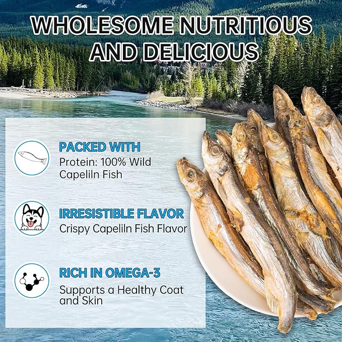Freeze-Dried Capelin Fish Cat Dog Treats - Single Ingredient Pet Snacks High Protein & Omega-3,Grain-Free, Supports Skin & Joint Health (3.2oz)