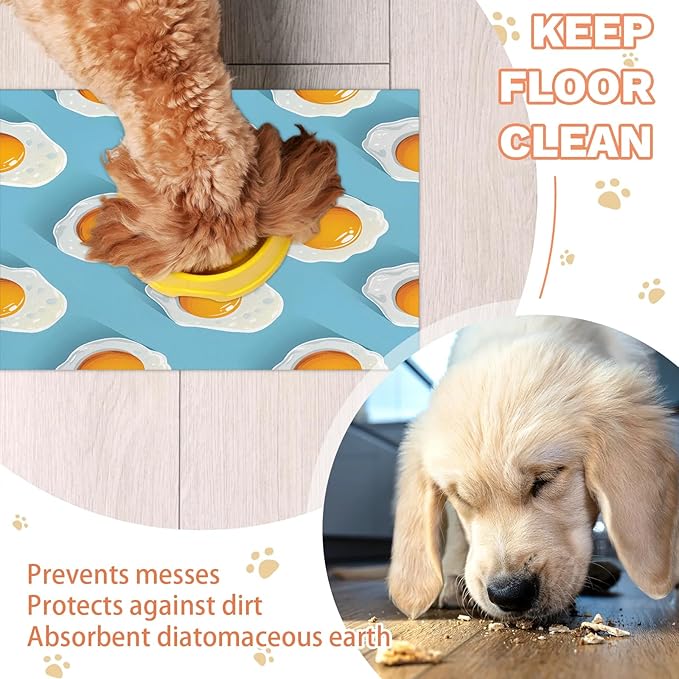 Cute Egg Dog Food Mat for Floors Absorbent Dog Bowl Mat for Food and Water Dispenser Quick Dry Cat Food Placemat Pet Supplies 16" x 24", Fried Eggs