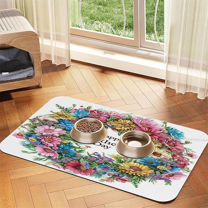 Pet Feeding Mats with Residue Collection Happy Mother's Day Floral Gift for Mom Ca Waterproof Dog Cat Bowl Mat 18X12In with Prevent Water Food Spills