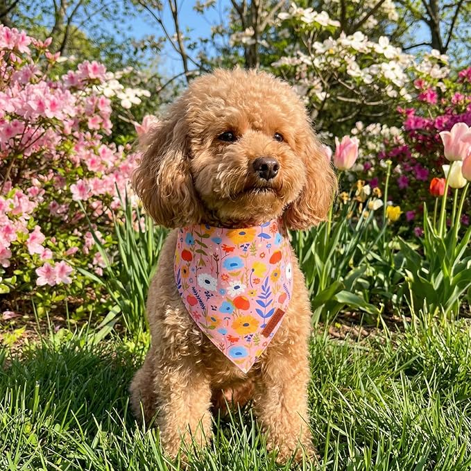 PTDECOR Spring Floral Dog Bandana, Pink Flower Pet Scarf, Premium Durable Fabric, Adjustable Cute Flower Bandanas for Small Dogs Pets (Small)