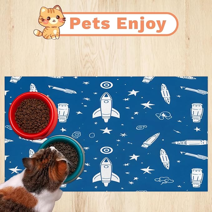 Outer Space Dog Food Mat for Floors Absorbent, Quick Dry Water Dispenser Mat for Food, Water, Pet Supplies 17" x 30", Cartoon Rocket