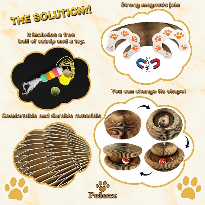 Kitty Curls Cat Scratcher, Magnetic Shape-Shifting Reversible Eco-Friendly Cardboard Ring, Collapsible Ball Track + Bell Ball, Catnip Included & Bonus Toy – Helps Protect Furniture for Cats & Kittens