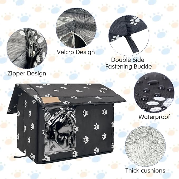 Fhiny Stray Cats Shelter, Waterproof Outdoor Cat House Foldable Warm Pet Cave for Winter Wild Animal Tent Bed Anti-Slip Kitten Cave for Feral Cat Dog Puppy Weatherproof Black (S:13.4"×11.8"×13.7")