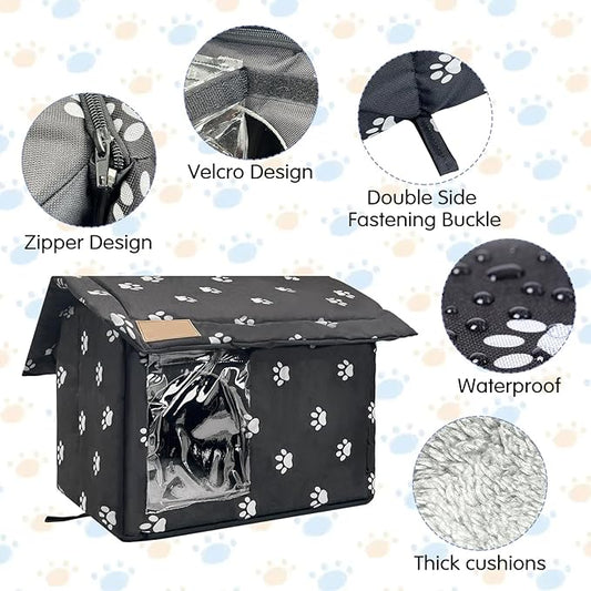 Fhiny Stray Cats Shelter, Waterproof Outdoor Cat House Foldable Warm Pet Cave for Winter Wild Animal Tent Bed Anti-Slip Kitten Cave for Feral Cat Dog Puppy Weatherproof Black (M:15.7"×13.7"×15.7")