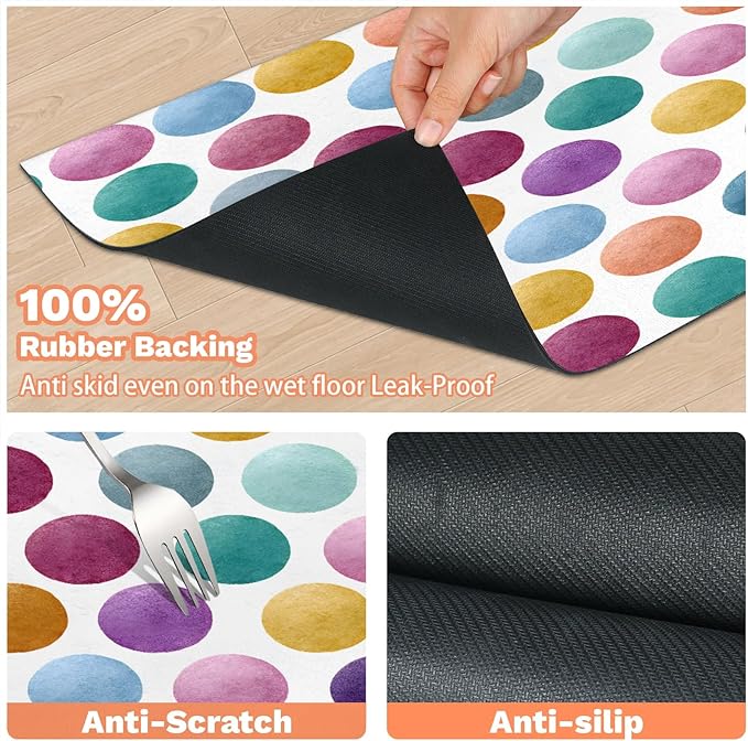 Polka Dots Dog Food Mat for Floors Absorbent Dog Bowl Mat for Food and Water Dispenser Quick Dry Cat Food Placemat Pet Supplies 17" x 30", Watercolor Rainbow