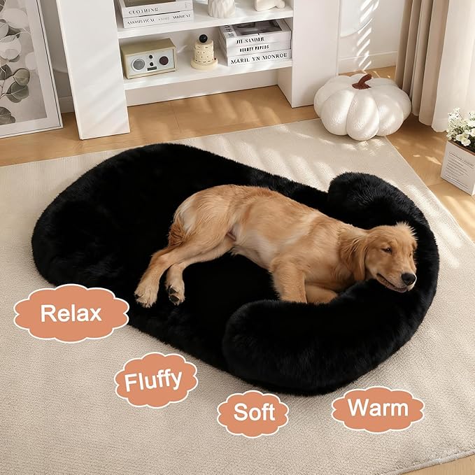 Calming Dog Beds for Medium Large Dogs, Orthopedic Cushion Plush Dogs Lounge Couch Sofa with Washable Removable Cover, Anti-Anxiety Soft Faux Fur Fits up to 40 lbs Pets (Oval, Black 32"x24")