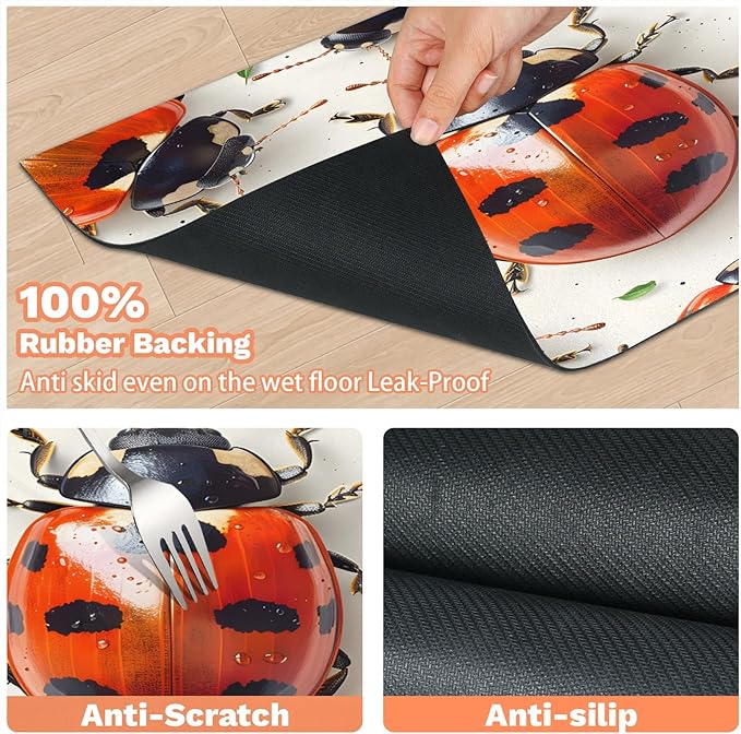 Cute Ladybird Dog Food Mat for Floors Absorbent, Quick Dry Water Dispenser Mat for Food, Water, Pet Supplies 24" x 32", Black Red Ladybird