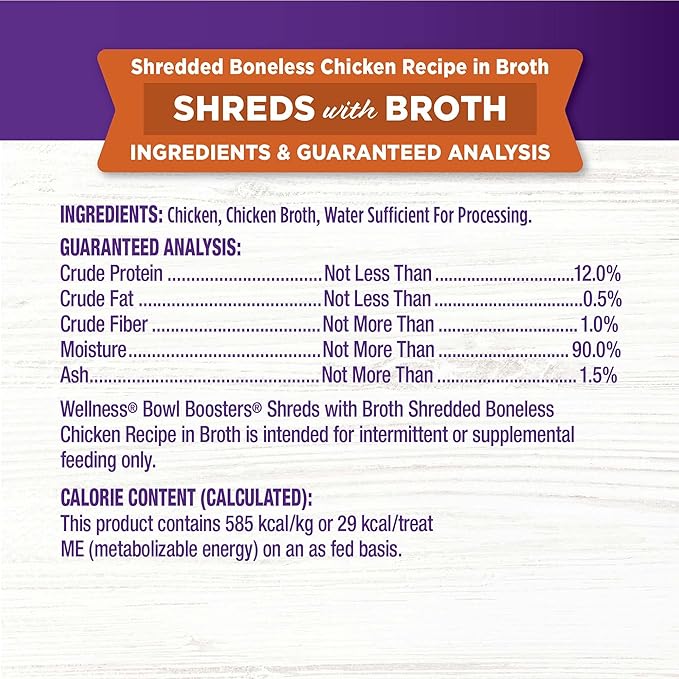 Wellness Bowl Boosters Wet Cat Food Topper, Grain Free, Natural, Shredded Chicken Recipe in Broth, 1.75 Ounce Pouch (Pack of 12)