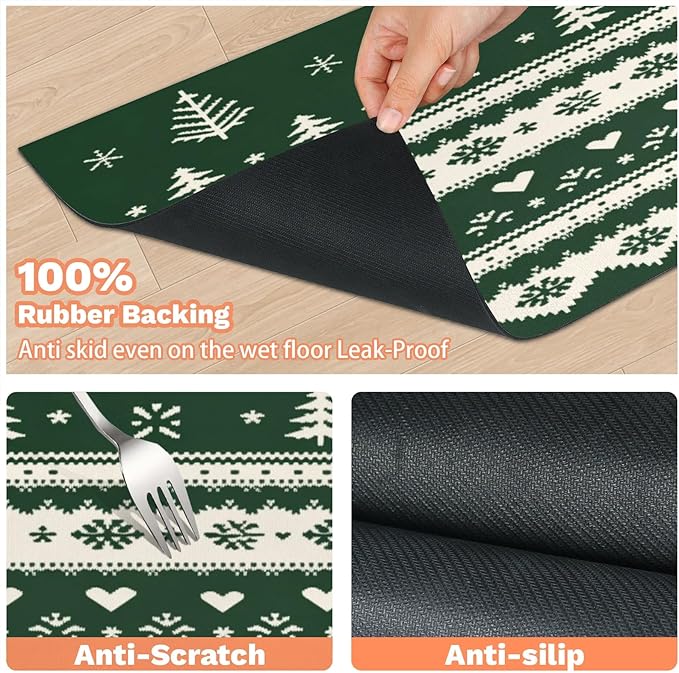Christmas Trees Dog Food Mat for Floors Absorbent, Quick Dry Water Dispenser Mat for Food, Water, Pet Supplies 24" x 32", Green White Xmas