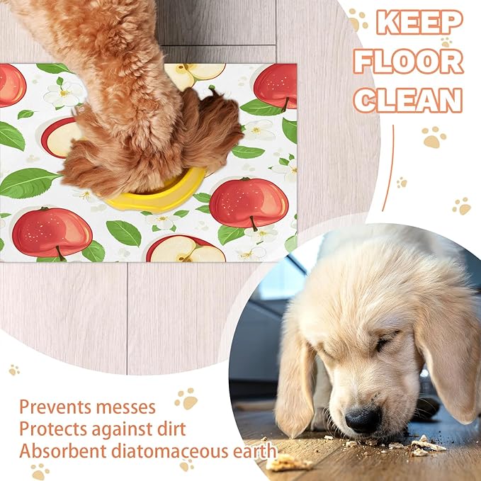 Apples Fruit Dog Food Mat for Floors Absorbent Dog Bowl Mat for Food and Water Dispenser Quick Dry Cat Food Placemat Pet Supplies 24" x 32", Green Leaves