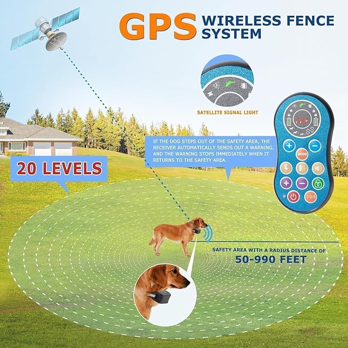 DOTSTAR Dog Wireless Fence Pet Training Collar GPS Electric System, Wireless Dog Fence Adjustable Range 50-990 Feet, Wireless Charging Dog Fence, Fully Sealed Waterproof Collar Receiver