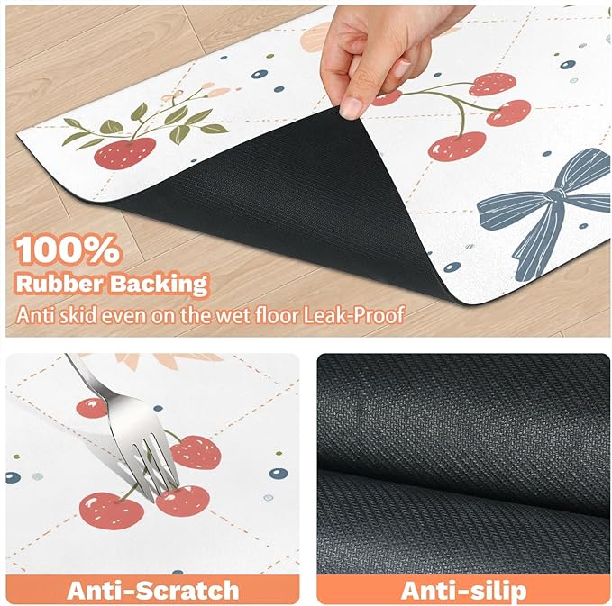 Bow Cherry Dog Food Mat for Floors Absorbent, Quick Dry Water Dispenser Mat for Food, Water, Pet Supplies 16" x 24", White Check