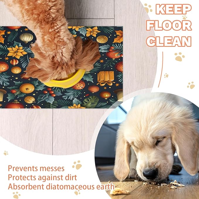 Merry Christmas Dog Food Mat for Floors Absorbent, Quick Dry Water Dispenser Mat for Food, Water, Pet Supplies 24" x 32", Holly Flower
