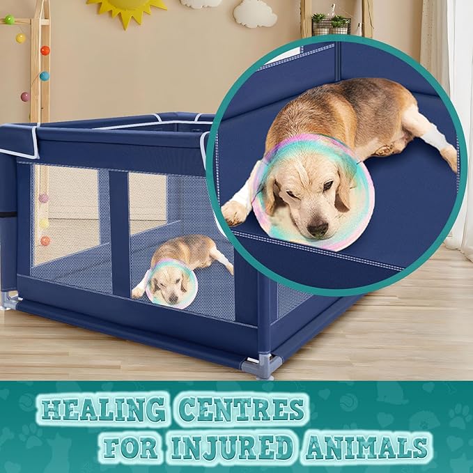 42x42 Inch Puppy Playpen with Cover, Dog Playpen for Puppies or Small Dogs, Pet Fence for Indoor & Outdoor, Sturdy Safety DogPen with Thickened Fabric, High-Strength Nylon Wire Mesh, Blue