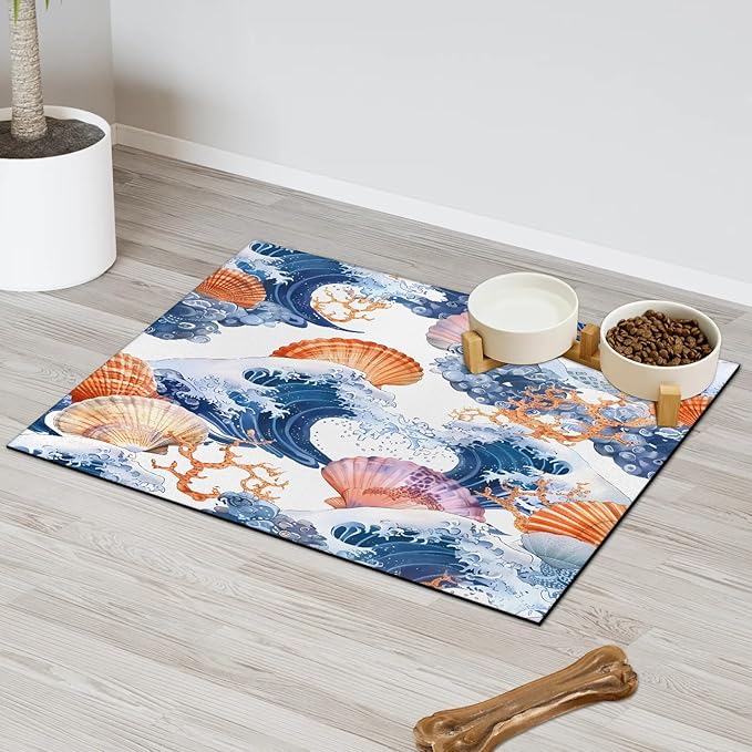 Nautical Coastal Dog Food Mat for Floors Absorbent Dog Bowl Mat for Food and Water Dispenser Quick Dry Cat Food Placemat Pet Supplies 17" x 30", Colorful Seashell
