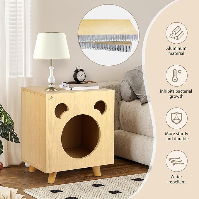 Cat End Table Aluminum Bed Table, Nightstand, Cat Litter Box Enclosure for Indoor and Outdoor with Cabinet Legs and Countertop, Weatherproof, Beige