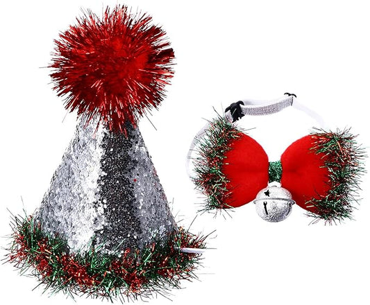 Christmas Pet Hat and Bow Tie Set with Bell, 2pcs Christmas Dog and Cat Costume Accessories for Holiday Dress-up, Soft Fabric Pet Supplies for Cats and Small Dogs
