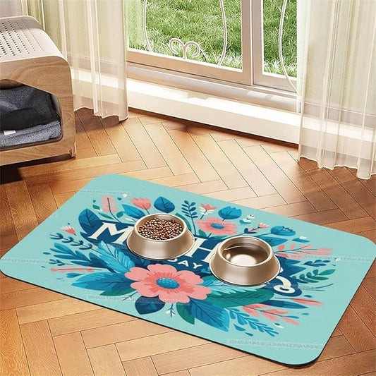 Absorbent Dog Water Cat Mat for Food Water Bowl Quick Dry Happy Mother's Day Floral Gift for Mom Green Cs Pet Feeding Mats No Stains Dog Food Mat Pet Accessories Supplies Cat Bowl Mats 24x16In
