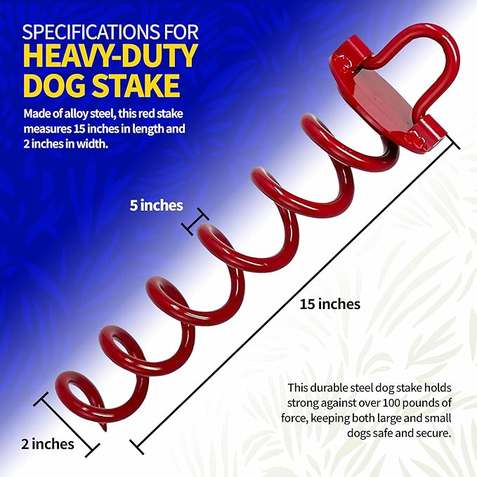 Pet Fit For Life Dog Tie Out Stake - Heavy Duty Steel Yard Stake, Secure Ground Anchor with Swivel Ring for Cable, Outdoor Leash Anchor Ideal for Camping, Beach, Park - Small & Large Dogs, Red, 15"