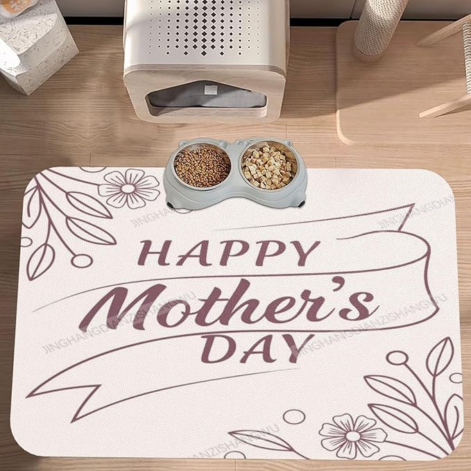 Dog Food Mat Happy Mother's Day Floral Classic Gift for Mom Fw Absorbent Water Bowl Mats Cat Pet Feeding Placemats 18X12In
