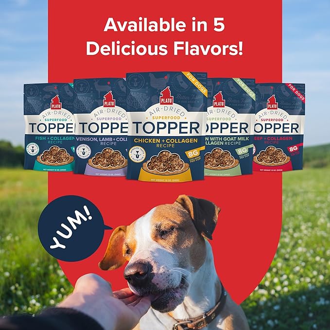 Plato Pet Treats Dog Food Toppers - Air-Dried Dog Food Toppers for Dry Food - with Collagen to Support Skin and Coat Health - Chicken and Collagen Recipe 12oz
