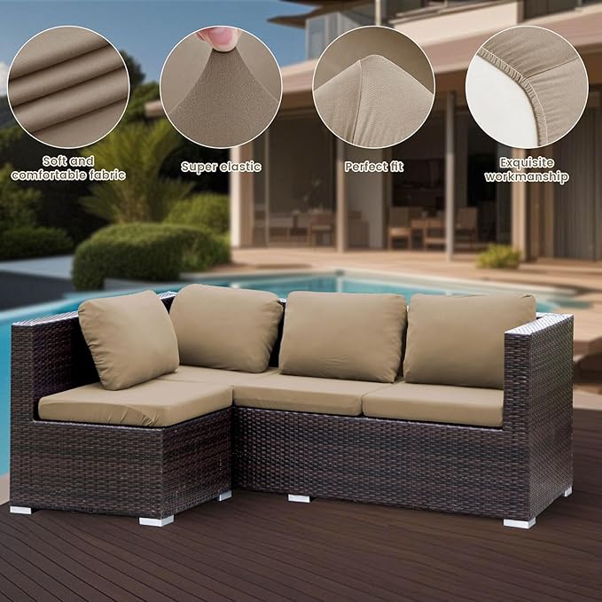 HANDONTIME 8Pcs Patio Cushion Covers Stretch Outdoor Couch Cover Replacement Cushions for Outdoor Furniture Waterproof Patio Furniture Cover for Pets Sofa Covers Washable (Khaki,Cover Only)