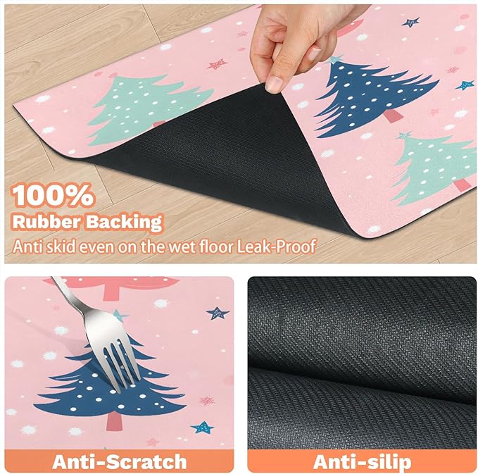 Merry Christmas Dog Food Mat for Floors Absorbent, Quick Dry Water Dispenser Mat for Food, Water, Pet Supplies 17" x 30", Christmas Tree