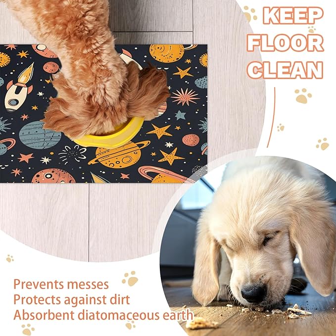 Space Rocket Dog Food Mat for Floors Absorbent, Quick Dry Water Dispenser Mat for Food, Water, Pet Supplies 24" x 32", Cartoon Planet