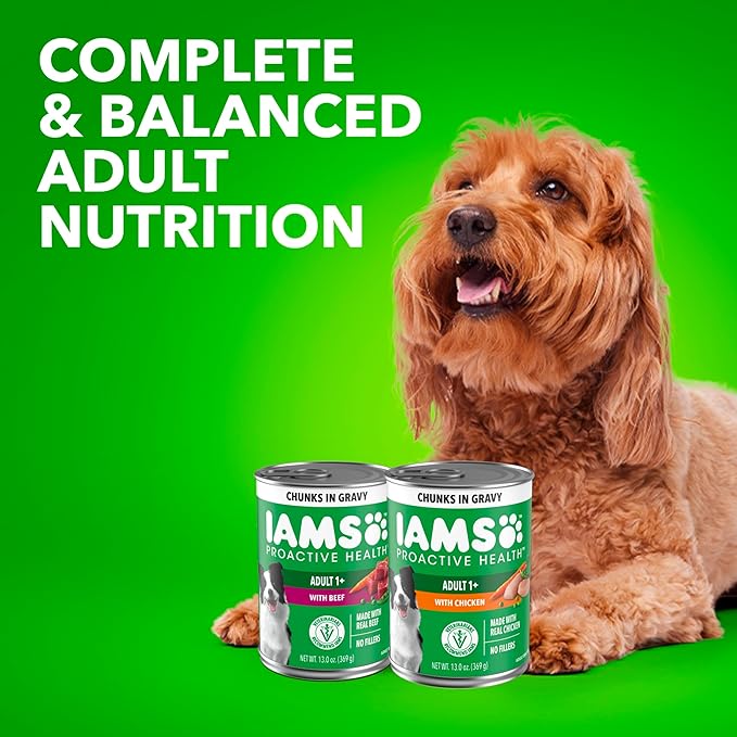 IAMS Proactive Health Adult Wet Dog Food Chicken Chunks in Gravy or Beef Chunks in Gravy, 13 oz. Cans (12 Count, Pack of 1)