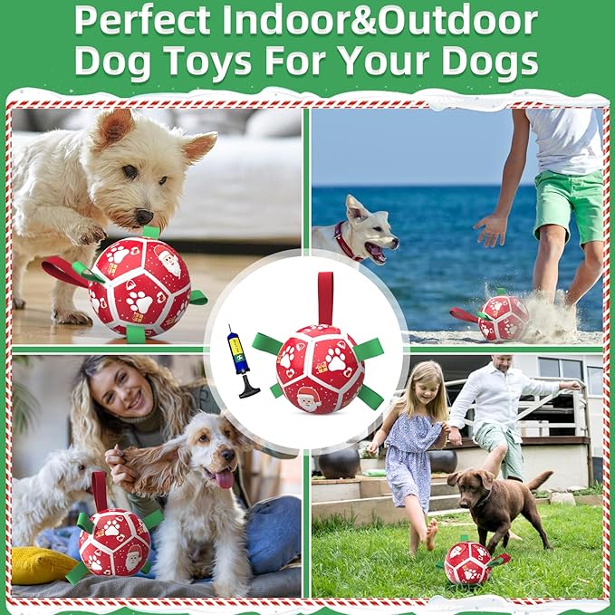 QDAN Small Christmas Dog Toys, Soccer Ball with Straps, Outdoor Interactive Toys for Tug of War, Puppy Birthday Gifts, Water Toy, Durable Dog Balls for Puppy (5 Inch)