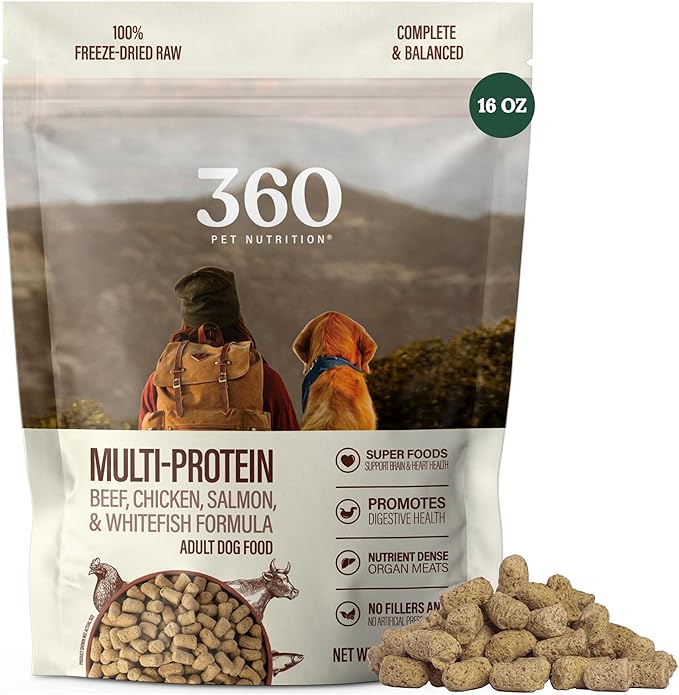 360 Pet Nutrition Freeze Dried Complete Multi Protein Meal for Adult Dogs, High Protein, Omega 3's, No Fillers, Made in The USA + Bison Liver Treat