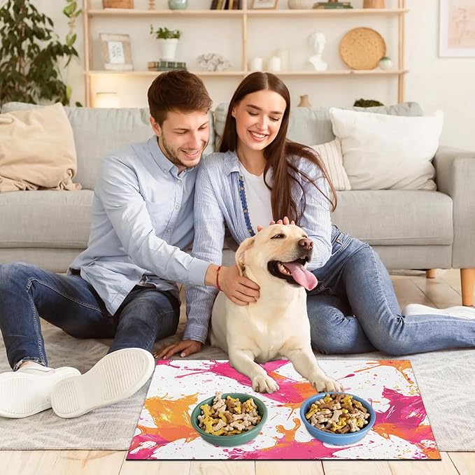 Graffiti Dog Food Mat for Floors Absorbent Dog Bowl Mat for Food and Water Dispenser Quick Dry Cat Food Placemat Pet Supplies 17" x 30", Pink Orange