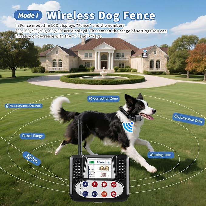Wireless Dog Fence System, Invisible Fence for Dogs with Shock/Vibration Modes,Waterproof & Adjustable Perimeter Collar for Safety and Outdoor, Remote Training Collar