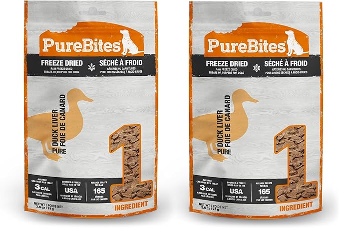 PureBites Freeze Dried Dog Treats, Duck Liver, 74g | 2.61oz Pack of 2