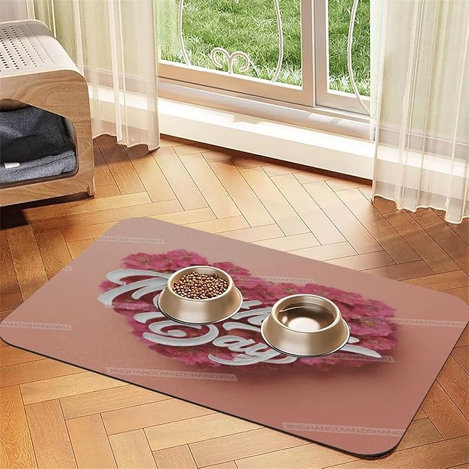 Dog Food Mat for Floors Absorbent Quick Drying Happy Mother's Day Heart Floral Gift for Mom Fu Pet Cat Food Mat Easy-to-Clean Pet Feeding Mats Dog Bowl Mats 24x16In