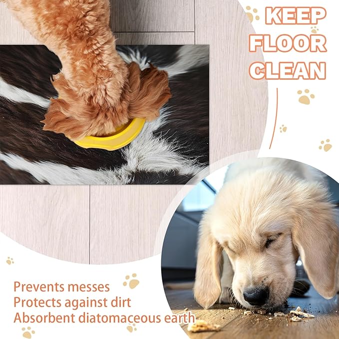 Cow Skin Dog Food Mat for Floors Absorbent Dog Bowl Mat for Food and Water Dispenser Quick Dry Cat Food Placemat Pet Supplies 12" x 20", Brown White Fur