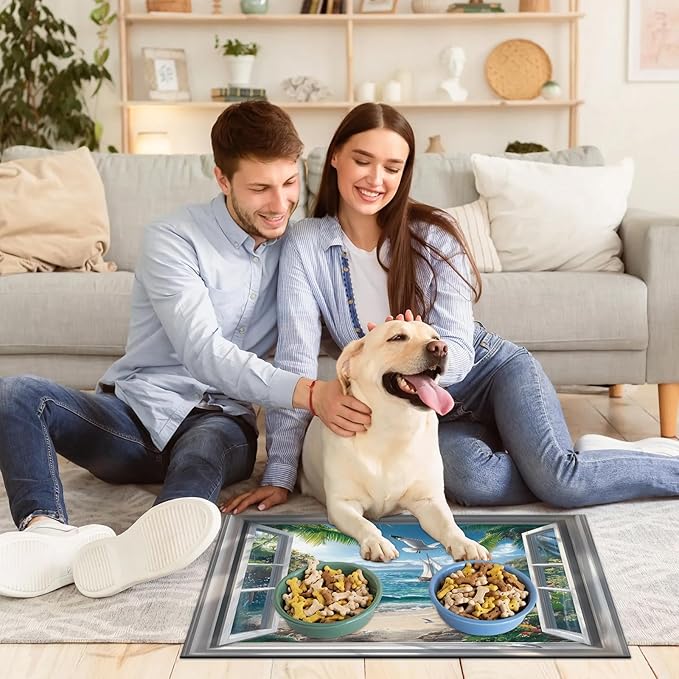 Beach Sunshine Dog Food Mat for Floors Absorbent, Quick Dry Water Dispenser Mat for Food, Water, Pet Supplies 16" x 24", Hawaii Coastal Seaside