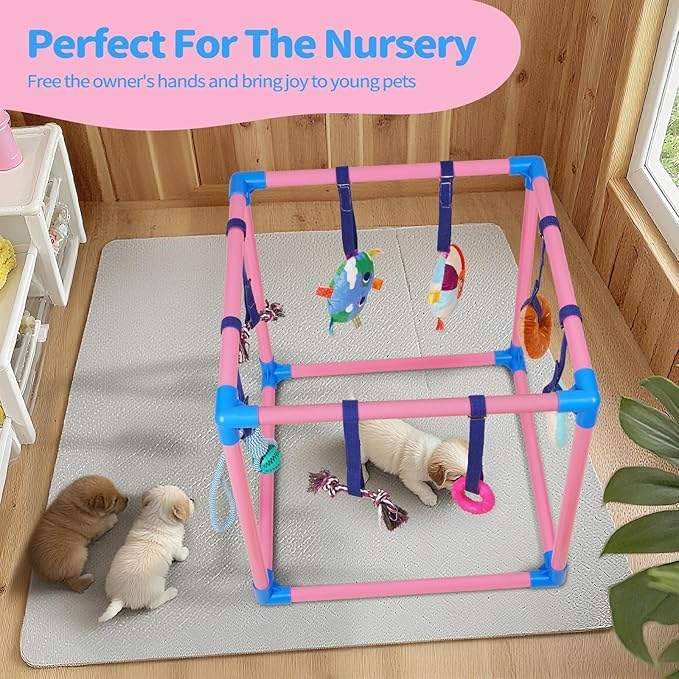 Liitrton Puppy Play Gym - Small Dogs Play Gym with 8 Hanging Toys, Indoor Puppy Jungle Gym with Interactive Dog Enrichment Toys, 19.5"x19.5"x19.5" PVC Frame (Pink)