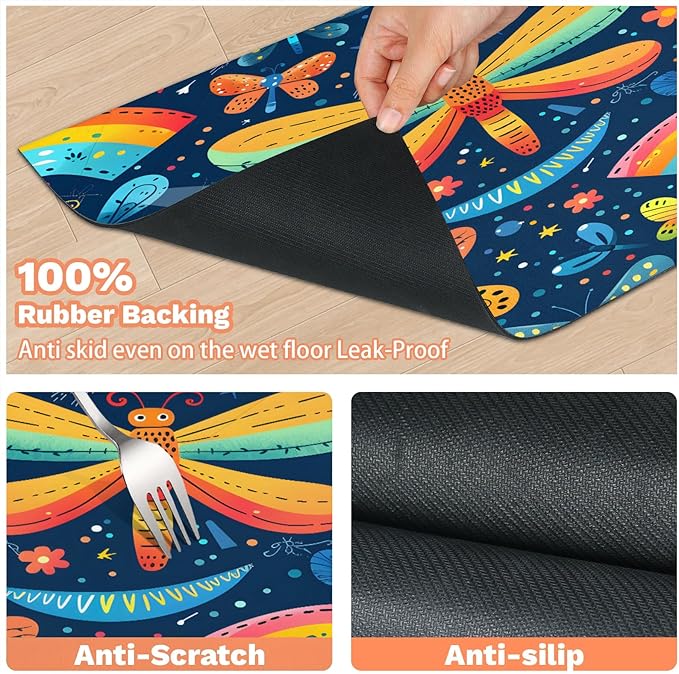 Colorful Dragonfly Dog Food Mat for Floors Absorbent, Quick Dry Water Dispenser Mat for Food, Water, Pet Supplies 12" x 20", Spring Flower