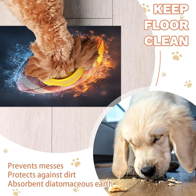 Fire Football Dog Food Mat for Floors Absorbent, Quick Dry Water Dispenser Mat for Food, Water, Pet Supplies 16" x 24", Lightning Rugby