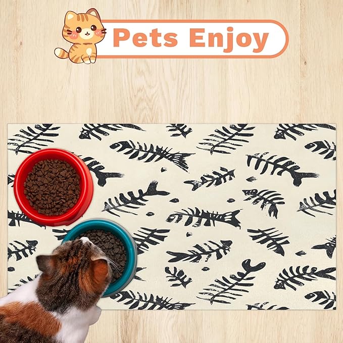 Fish Skull Dog Food Mat for Floors Absorbent Dog Bowl Mat for Food and Water Dispenser Quick Dry Cat Food Placemat Pet Supplies 12" x 20", Fish Bones