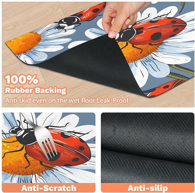 Red Ladybird Dog Food Mat for Floors Absorbent, Quick Dry Water Dispenser Mat for Food, Water, Pet Supplies 24" x 32", Daisy Flower