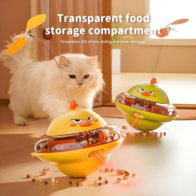 hooroor 4-in-1 Interactive Cat Toy for Indoor Cats: Automatic Laser Pointer, Feather Teaser, Treat Dispenser & Bird Chirp - USB-C Rechargeable Self-Balancing Toy to Relief Boredom & Anxiety