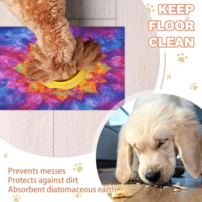 Tie Dye Dog Food Mat for Floors Absorbent, Quick Dry Water Dispenser Mat for Food, Water, Pet Supplies 12" x 20", Hippie Mandala