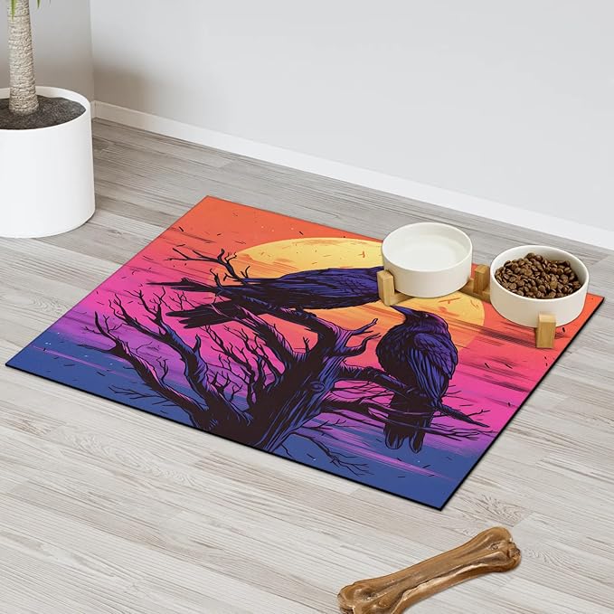 Halloween Crow Dog Food Mat for Floors Absorbent, Quick Dry Water Dispenser Mat for Food, Water, Pet Supplies 17" x 30", Full Moon