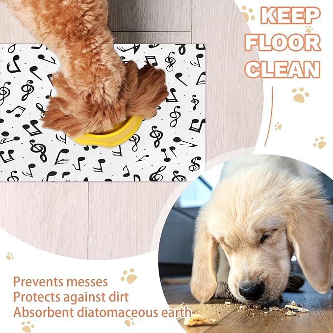 Black Note Dog Food Mat for Floors Absorbent Dog Bowl Mat for Food and Water Dispenser Quick Dry Cat Food Placemat Pet Supplies 12" x 20", Music