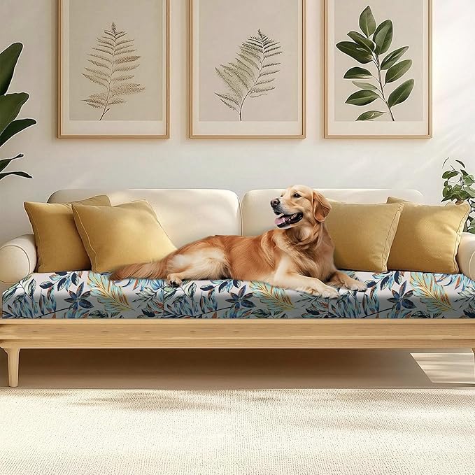 HANDONTIME 8Pcs Outdoor Patio Cushion Covers Leaves Palms Stretch Couch Cushion Cover Patio Couch Slipcover for Outdoor/Indoor Washable Non-Slip Furniture Protector for Pet (Blue, Cover Only)