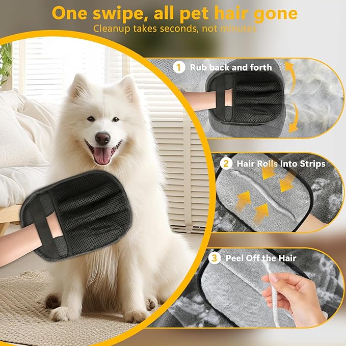 Upgraded Five-Finger Electrostatic Pet Hair Gloves, Pet Hair Removal Gloves for Cats and Dogs, Reusable Quick Cleaning Tool for Couch, Carpet, Car Seat, Laundry & Clothing