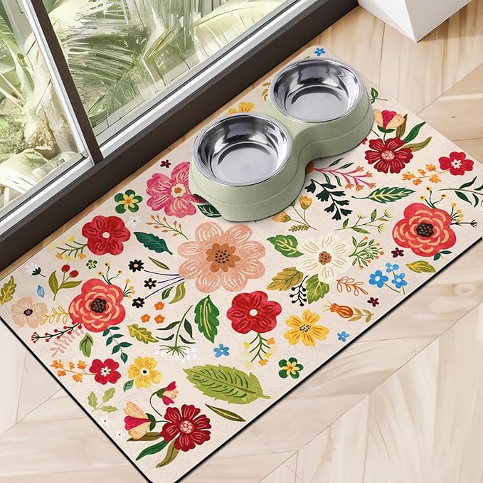 Absorbent Quick Dry Pet Food Mat for Dogs and Cats - Eco-Friendly Bowl Mat for Food and Water Dispenser - 16"x24" Floor Accessory