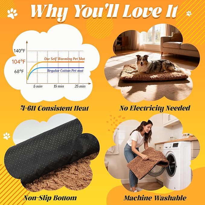 PatiencET Self Warming Cat Bed for Indoor Cats 24'' x 60'' - Cozy Fleece Heating Pad, Non-Electric Thermal Mat for Small Pets, Washable Soft Cushion for Winter Comfort and Warmth Khaki